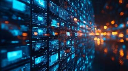 Digital Screens with Blue Tech Data and Global Communication. Generative AI