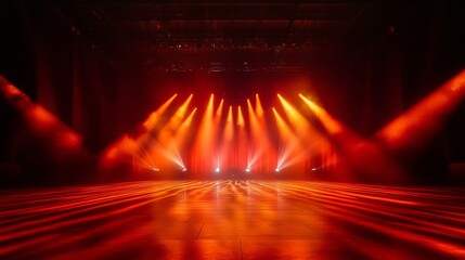 A futuristic stage with vibrant red and orange lights illuminating the floor, beams cutting through a hazy atmosphere, creating a dramatic concert-like ambiance