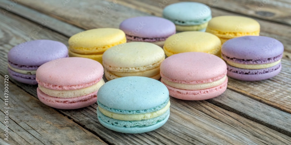Poster a delightful arrangement of colorful macarons on a rustic wooden surface, showcasing the delicate an
