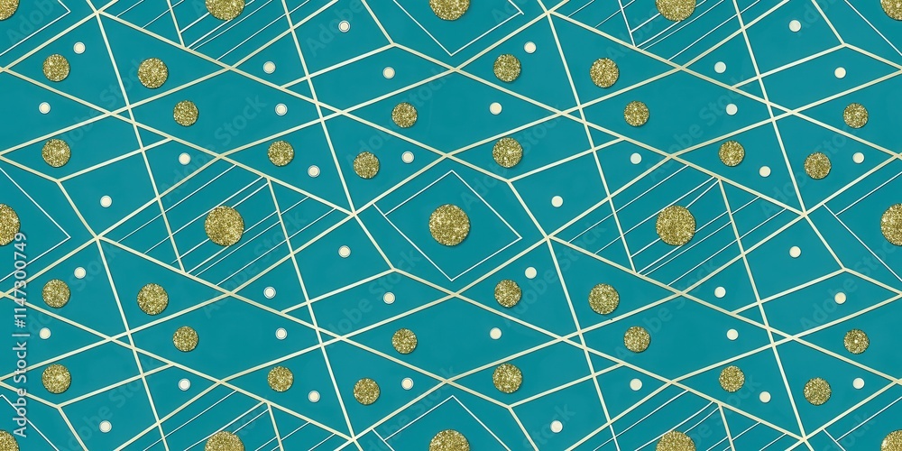 Poster a seamless pattern of golden glitter circles and geometric lines on a teal background