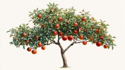 Fototapeta premium A watercolor painting of a laden apple tree