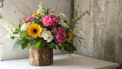 A rustic wooden vase filled with a vibrant bouquet of pink peonies, sunflowers, and white wildflowers, set against a textured grey background