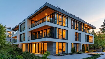 Naklejka premium Modern apartment building at dusk.