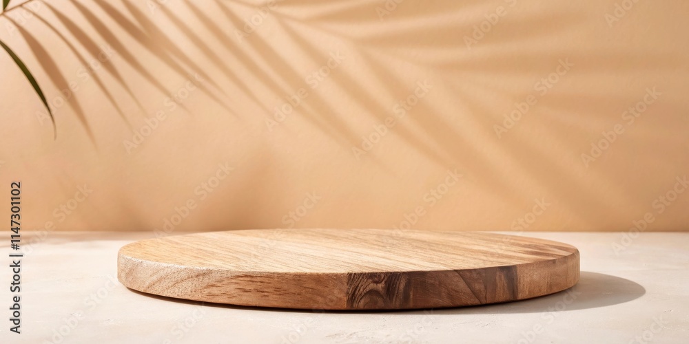 Aufkleber A Minimalist Wooden Platform with Shadowy Palm Leaf Patterns on a Soft Beige Background