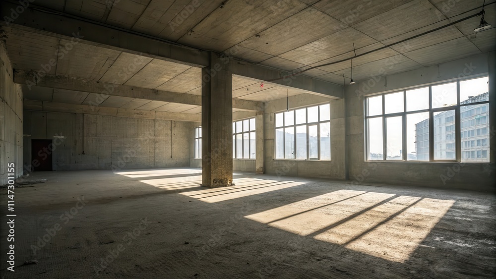 Aufkleber sunlight streams through large windows into a concrete industrial space, casting long shadows on the
