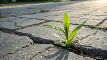 A resilient plant pushing through a crack in the concrete, a symbol of life's ability to overcome adversity and find growth in unexpected places