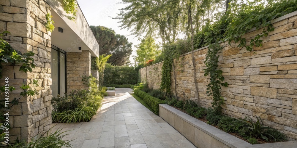 Poster a stone pathway in a modern garden with lush greenery and a stone wall, creating a tranquil and soph