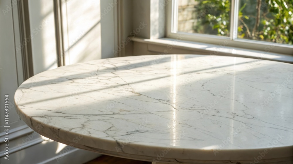 Poster Sunbeams illuminate a smooth marble tabletop, casting delicate shadows and creating a warm, inviting atmosphere.