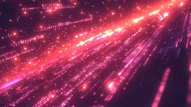 Vibrant abstract light trls depict a futuristic digital landscape at night.  