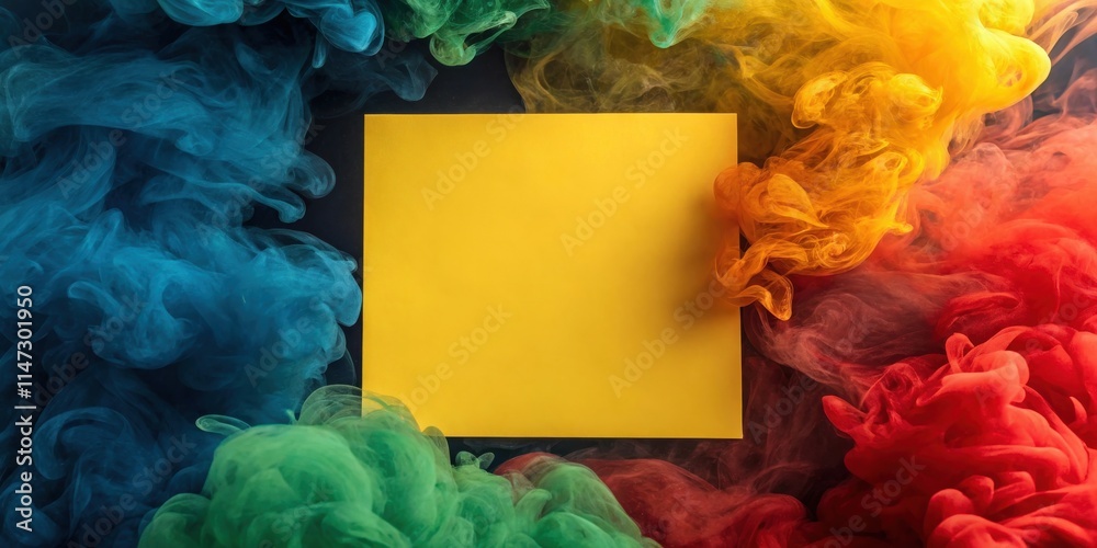 Aufkleber a blank yellow square surrounded by abstract swirls of vibrant colors in a symmetrical arrangement