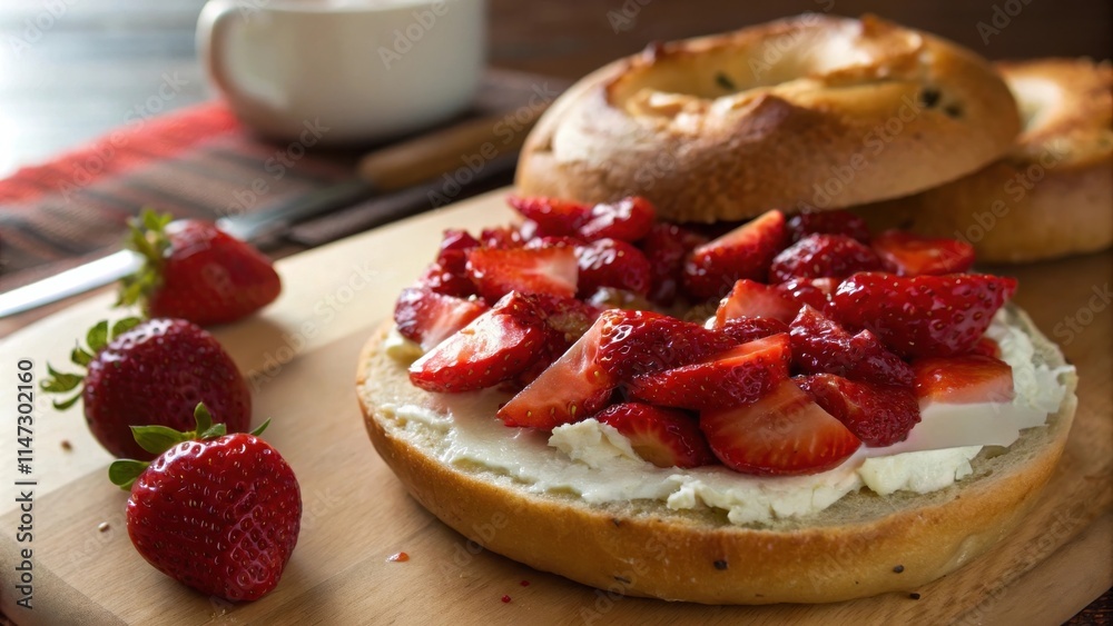 Aufkleber a bagel topped with a generous layer of cream cheese and a vibrant arrangement of fresh strawberry s