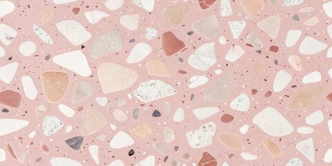 A seamless pattern of pink terrazzo with scattered white, gray, and brown stones of various sizes and shapes