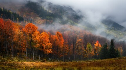 Autumn Foggy Mountain Forest. Colorful Fall Foliage.