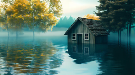 Fototapeta premium A wooden house partially submerged in the lake , house, nature. Submerged. Illustration