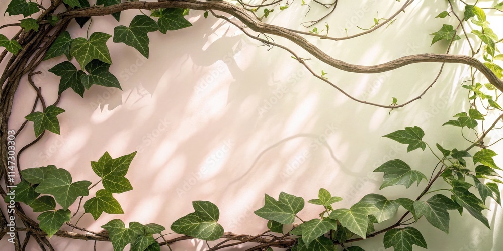 Aufkleber A delicate frame of green ivy leaves and intertwining branches against a light backdrop, casting dappled shadows that create a serene and natural aesthetic.