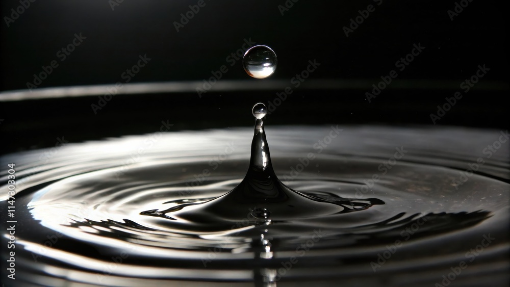 Poster A single drop of water creating a ripple effect, with the dark background emphasizing the contrast between the water and the surrounding space.