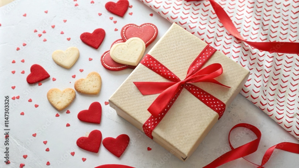 Poster a wrapped gift with a red ribbon and polka dots surrounded by heart-shaped cookies and red confetti