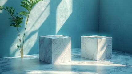 Minimal White Marble Cubes with Sunlight. Generative AI