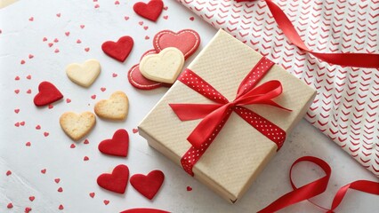 A wrapped gift with a red ribbon and polka dots surrounded by heart-shaped cookies and red confetti