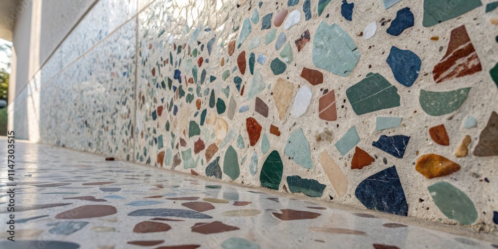 Leinwandbilder A Low-Angle View of a Wall and Floor Constructed with Terrazzo Tile, Featuring a Distinctive Mix of Stone and Glass Fragments Embedded in a Smooth Cement Base