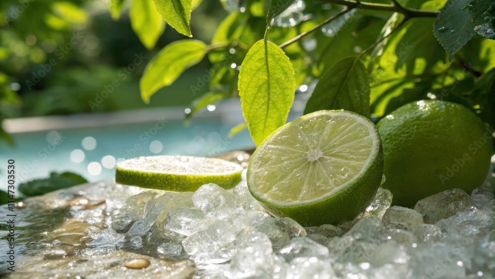 Poster lime wedges and a whole lime on a bed of ice with lush greenery in the background.