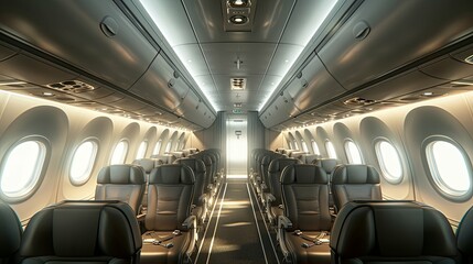 Fototapeta premium Modern Airplane Cabin Interior with Empty Seats and Overhead Compartments