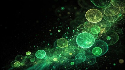 Abstract cosmic dust and glowing orbs in vibrant shades of green and yellow on a dark background