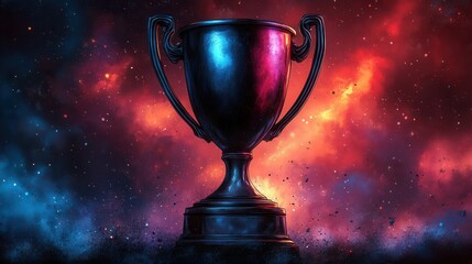 A dark trophy set against a vibrant cosmic background, symbolizing achievement and victory in a competitive context.