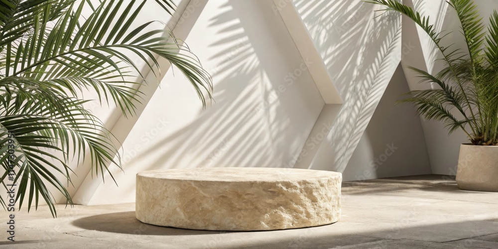 Poster a minimalist display featuring a stone pedestal, adorned with the soft shadows of palm leaves, highl