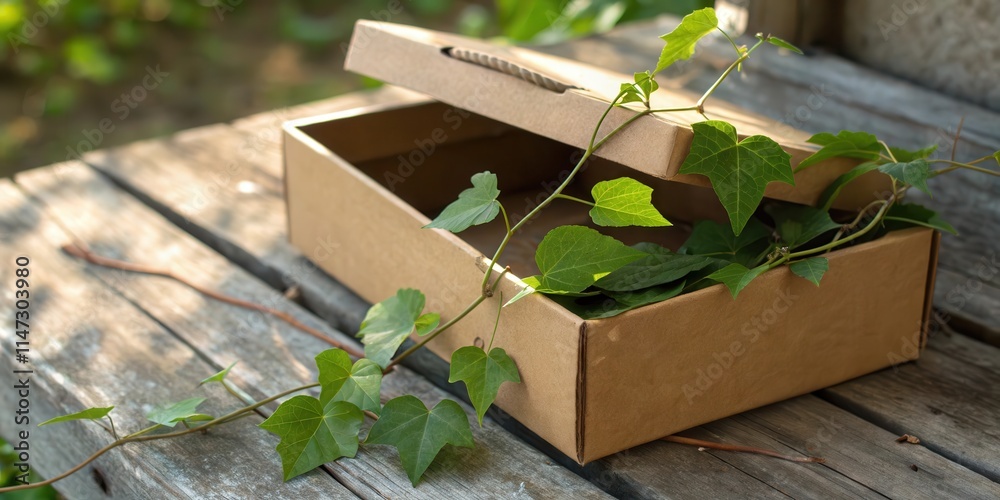 Aufkleber A cardboard box with a rope handle is resting on a wooden surface and is partially covered with green leaves and stems.