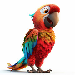 Obraz premium Cheerful 3D parrot with colorful feathers plays on one foot in a whimsical style on a white background