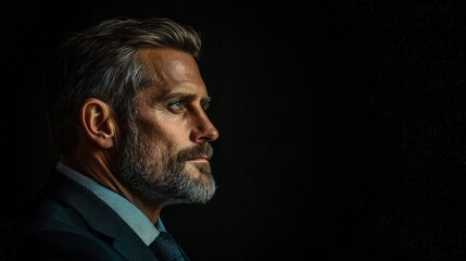 Obraz premium Profile of a pensive, middle-aged man with grey hair and beard in a suit against a black background.