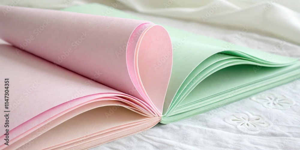 Poster a delicate display of soft pink and green paper sheets, gently folded into a graceful heart shape, r