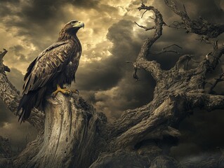 Fototapeta premium Eagle Stands Tall Against a Stormy Sky