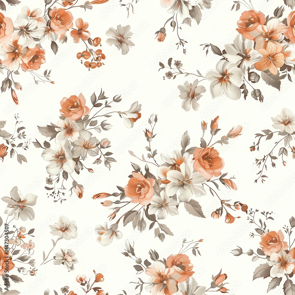 Leinwandbilder beautiful floral pattern featuring peach and cream flowers with green leaves on a light background c