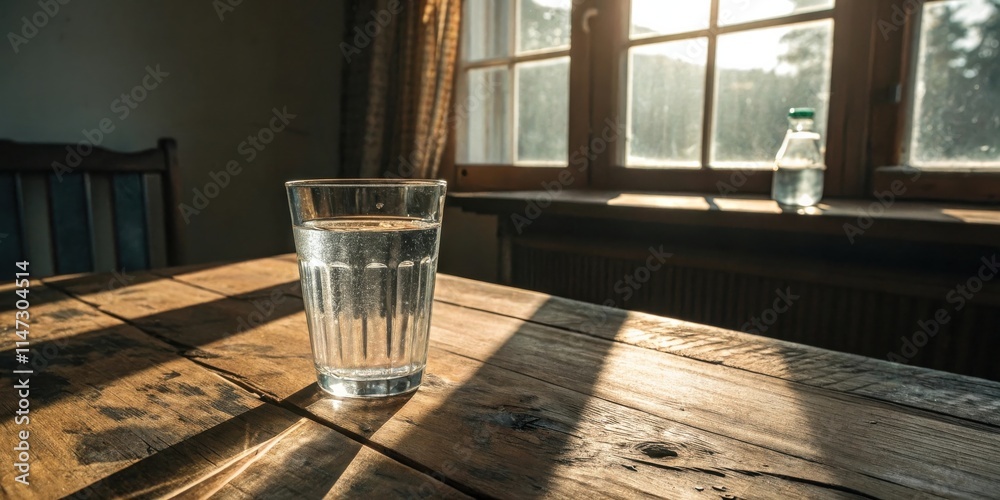 Poster a glass of water sits on a wooden table with a sunbeam passing through a window casting a shadow on 