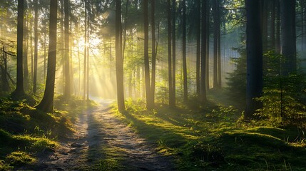 Fototapeta premium Sunbeams in Misty Forest Path