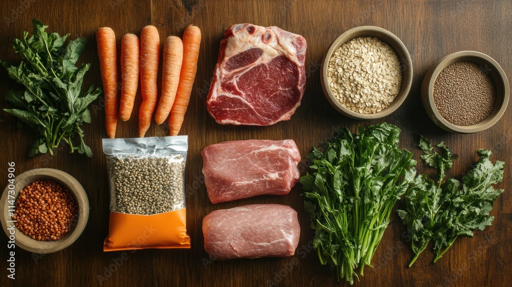 Poster freshly harvested vegetables and cuts of meat presented on wooden table with ample copy space for cu