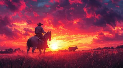 Fototapeta premium Cowboy on Horseback with Dramatic Sunset Sky. Generative AI