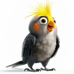 Obraz premium Friendly 3D cockatiel with yellow crest and grey feathers perched on a white background, chirping cheerfully in animated style