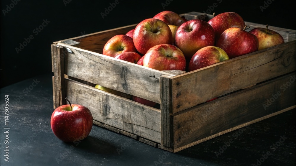 Poster a rustic wooden crate filled to the brim with ripe red apples, a single apple rests on a dark surfac