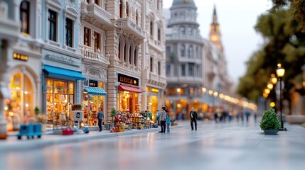 Obraz premium Miniature diorama of a European city street with tiny people walking past illuminated shopfronts under a shallow depth of field.