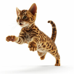 Playful 3D Bengal cat jumping joyfully on a bright white background in an animated style