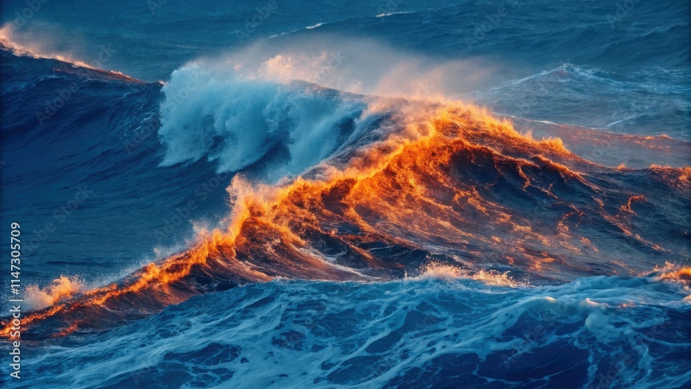 Poster ocean waves illuminated by a fiery sunset, creating a spectacular display of nature's power and beau