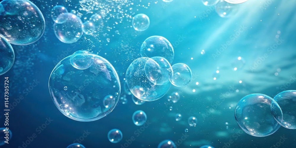 Aufkleber a collection of iridescent bubbles float in a sea of blue, bathed in sunlight, creating a whimsical 