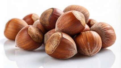 Obraz premium A group of whole hazelnuts arranged in a casual pile, showcasing their rich brown shells and textured surfaces.