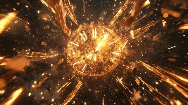 Golden clock exploding with sparks, midnight.