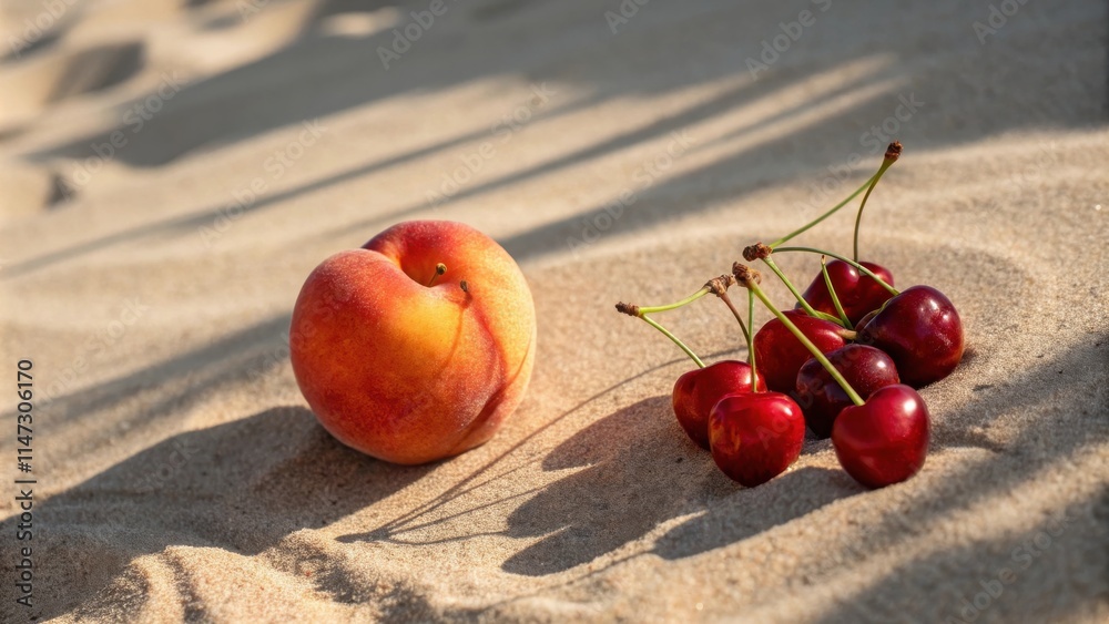 Poster a single peach and a cluster of cherries nestled in the warm sand, illuminated by the summer sun.