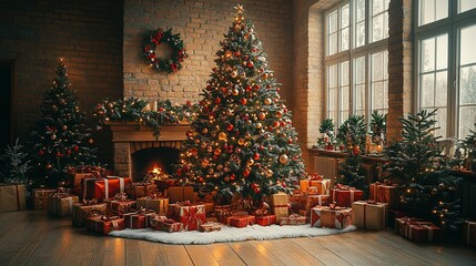 Festive Christmas Room Decorated With Trees And Gifts