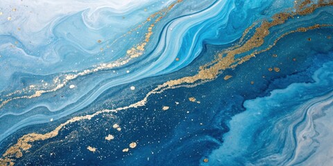 Fototapeta premium Abstract Liquid Art Featuring Swirling Blue and White Hues with Glittering Gold Accents
